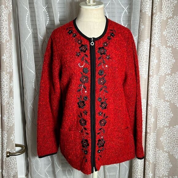 Cathy Daniels Red Cardigan Sweater with Embroidered Floral Detail – Size Medium - Picture 1 of 8